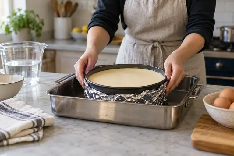 A cheesecake tin being positioned inside a larger baking pan.