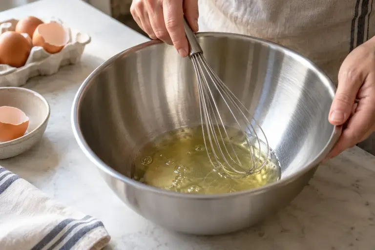 A clean metal bowl with whisk and separated egg whites on a home baking counter.