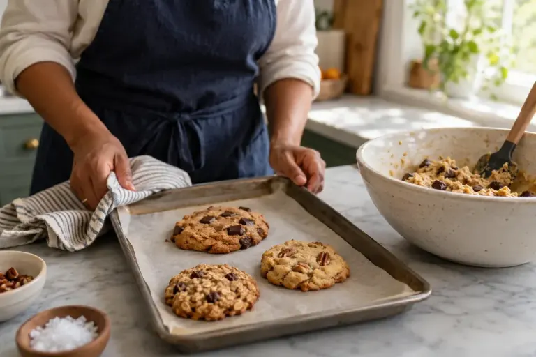 Three slightly different baked cookies on a baking tray beside a bowl of dough.