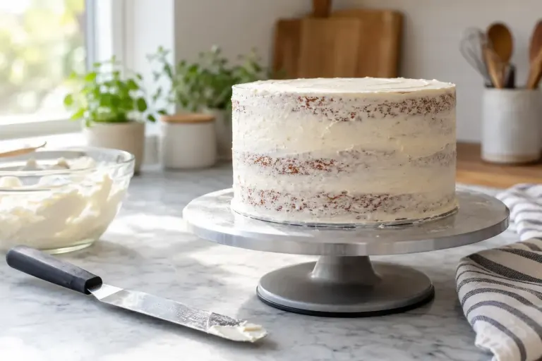 Cake with thin crumb coat on turntable beside spatula.