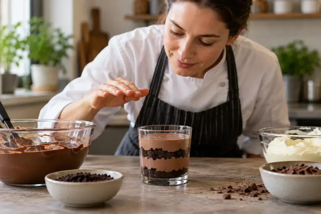 A pastry cook checking a layered chocolate dessert in a clear glass with separate bowls on a kitchen counter.