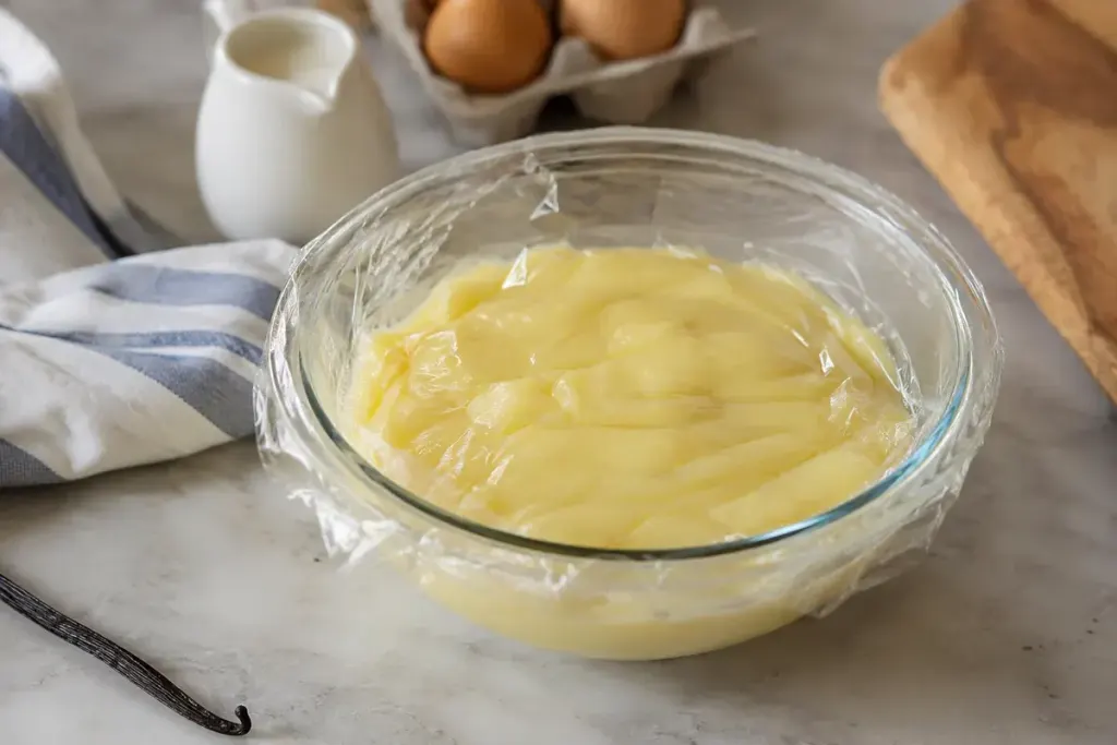 A bowl of smooth vanilla pastry cream with food-safe covering resting directly on the surface.