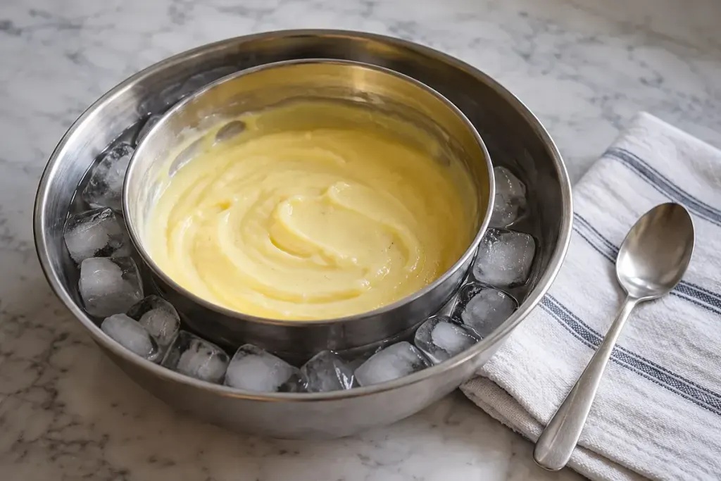 A bowl of custard resting inside a larger bowl of ice.