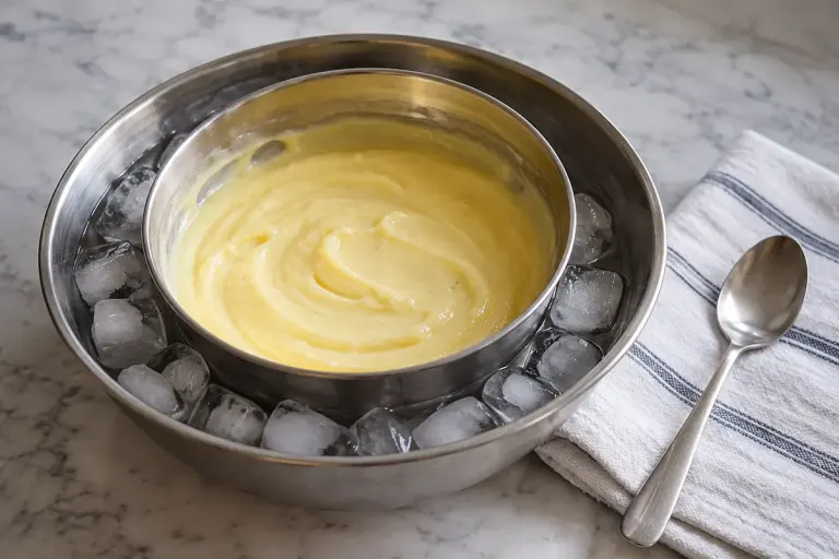 A bowl of custard resting inside a larger bowl of ice.