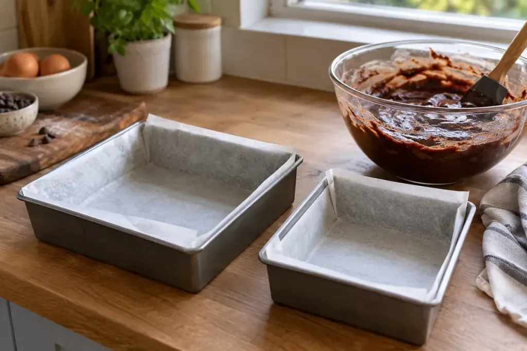 Two differently sized metal brownie pans beside a bowl of chocolate batter.
