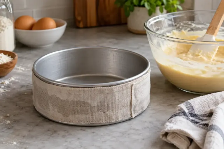 An unheated round metal cake pan wrapped with a plain damp baking strip on a kitchen counter beside cake batter.