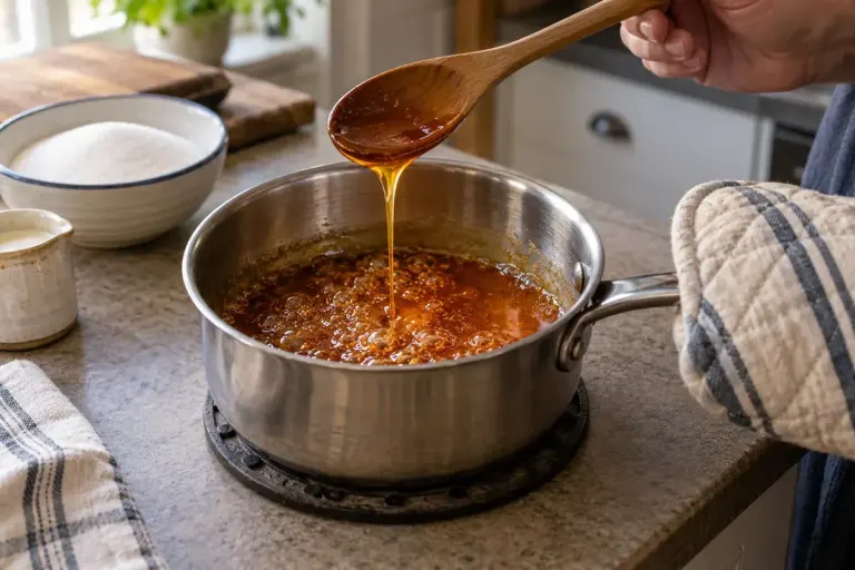 A saucepan of amber caramel on a heatproof kitchen surface with an oven mitt nearby.
