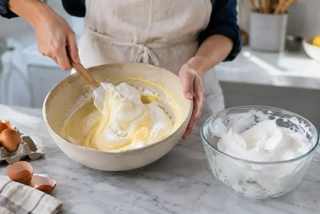 A spatula folding pale batter in a wide bowl beside a separate bowl of whipped egg whites.