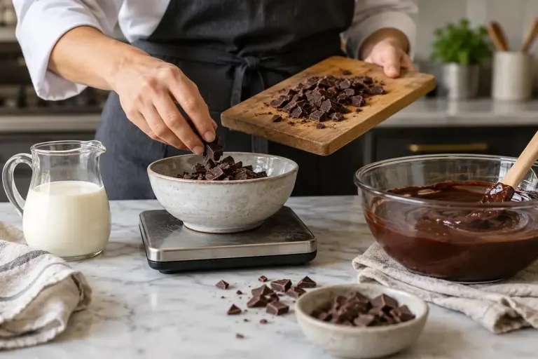 A pastry cook weighing chopped dark chocolate beside a jug of cream and a bowl of glossy ganache on a kitchen counter, realistic appetising culinary photo.