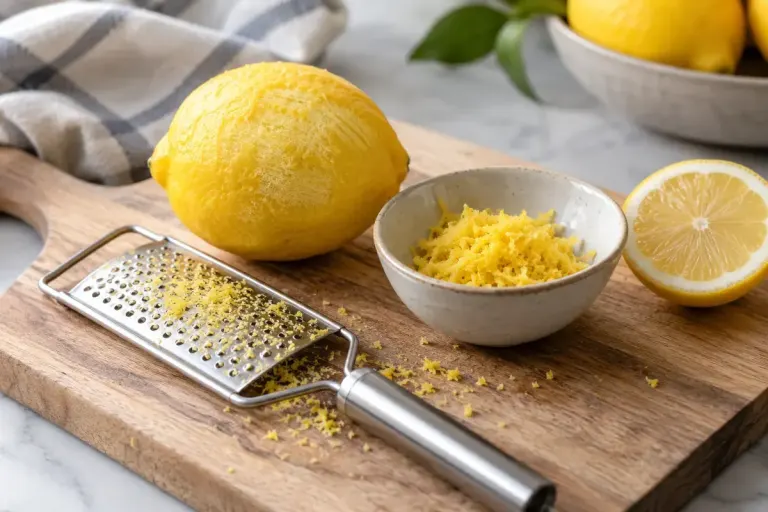 A yellow lemon, fine grater and a small bowl of yellow zest beside a cut lemon on a clean board.