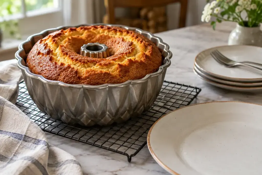 A freshly baked ring cake resting in a decorative metal pan on a wire rack, empty serving plate nearby.