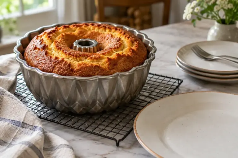A freshly baked ring cake resting in a decorative metal pan on a wire rack, empty serving plate nearby.