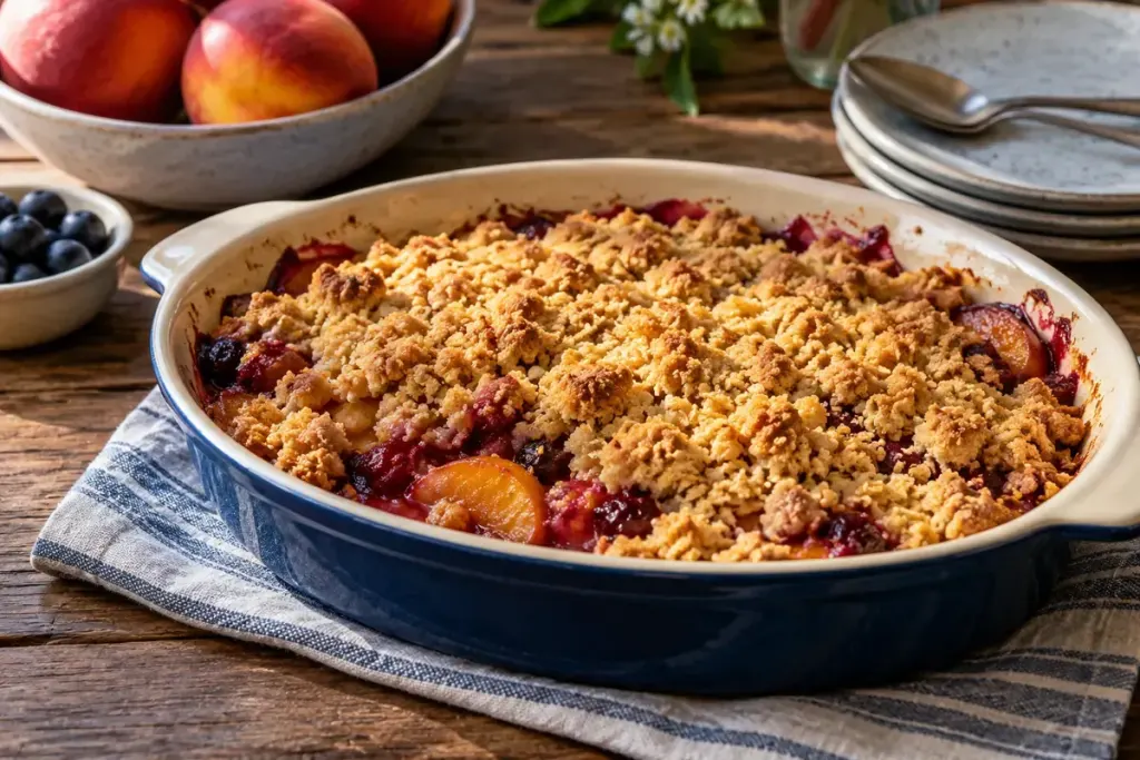A baked fruit crumble with distinct golden crumbs in a ceramic dish.