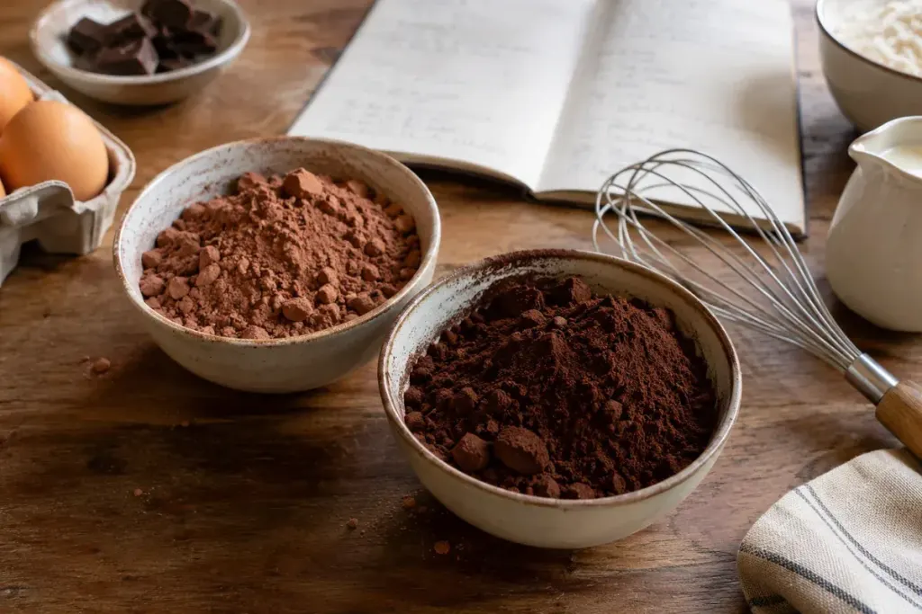 Two bowls of cocoa powder in visibly different brown shades beside an unbranded baking recipe and whisk.