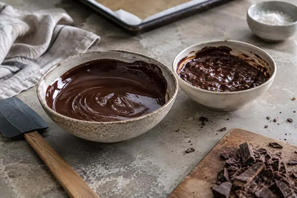 Two small bowls of melted chocolate with smooth and grainy textures on pastry worktop, dry spatula and chopped chocolate nearby.