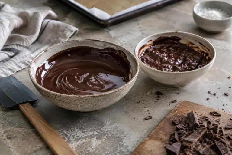 Two small bowls of melted chocolate with smooth and grainy textures on pastry worktop, dry spatula and chopped chocolate nearby.