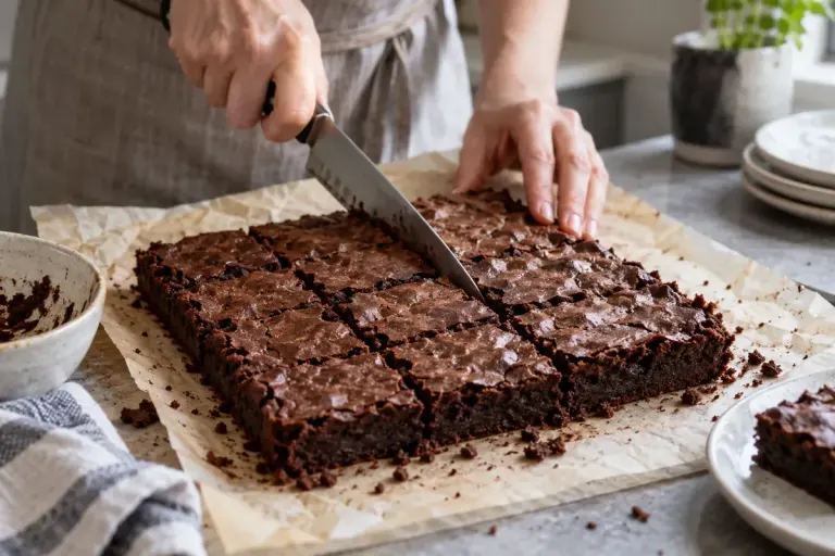 A cooled brownie slab being sliced on parchment over a cutting board.