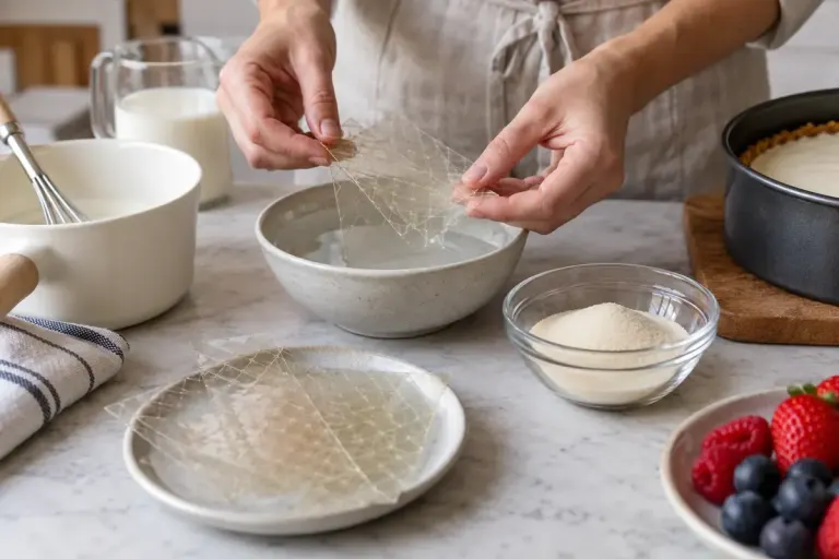 Gelatine leaves and a small bowl of powdered gelatine beside dessert preparation tools.