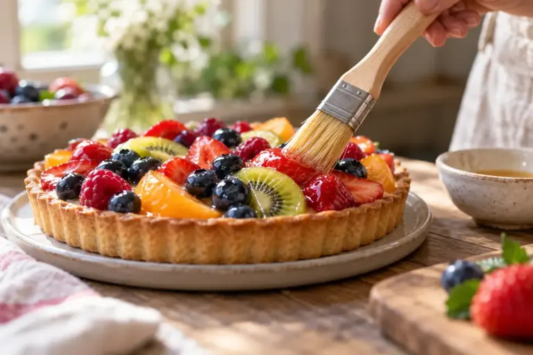 A pastry brush applying clear glaze to a fresh fruit tart.