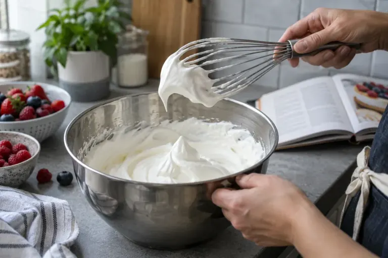 Close-up of a whisk lifted above a stainless bowl of whipped cream showing a soft curved peak, cool kitchen counter and berries nearby.